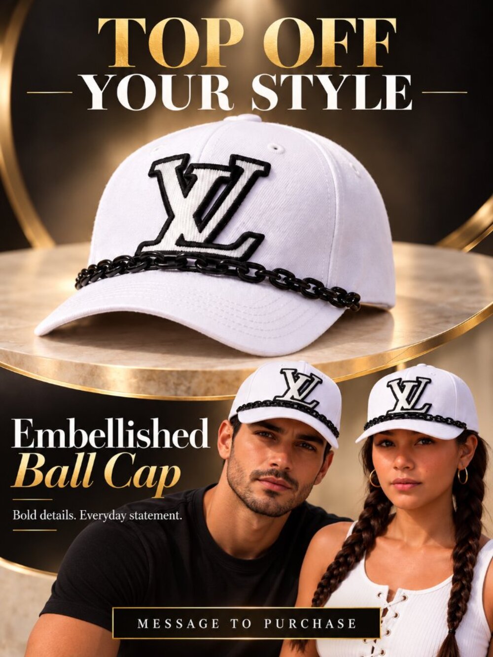 Chain-Detail White Ball Cap